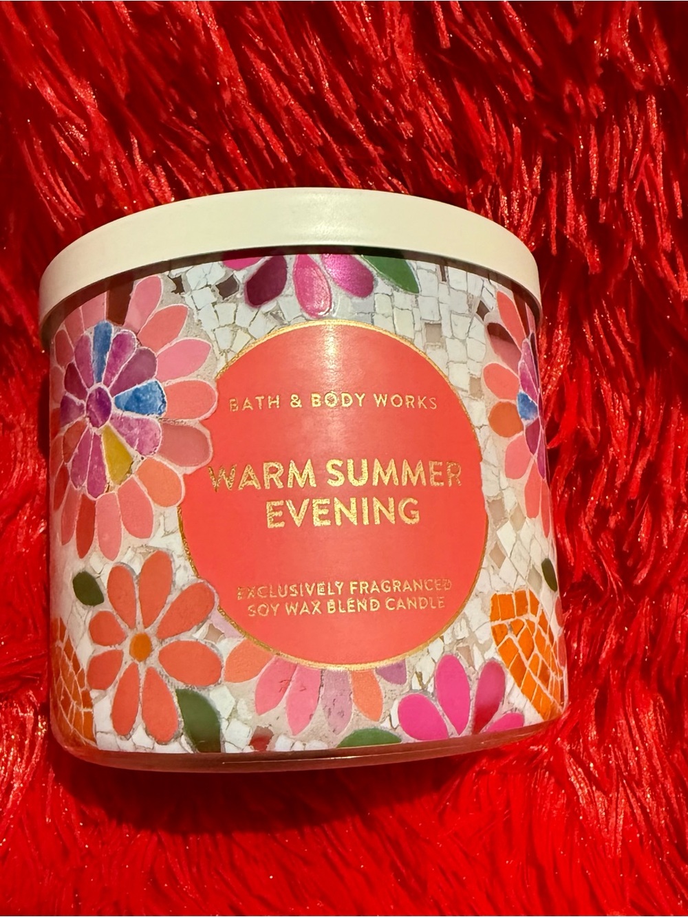 Bath & Body Works Warm Summer Evening Candle - Pink Floral & Gold Label